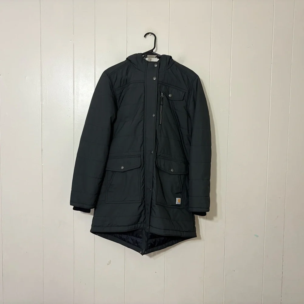 Carhartt Rain Defender Utility Coat Black Hooded Jacket Womens L Relaxed Fit - Picture 2 of 14
